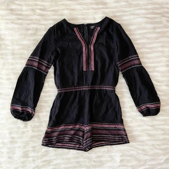 Loft Black Red Embroidered Puff Sleeve Romper Sz S - Image 16