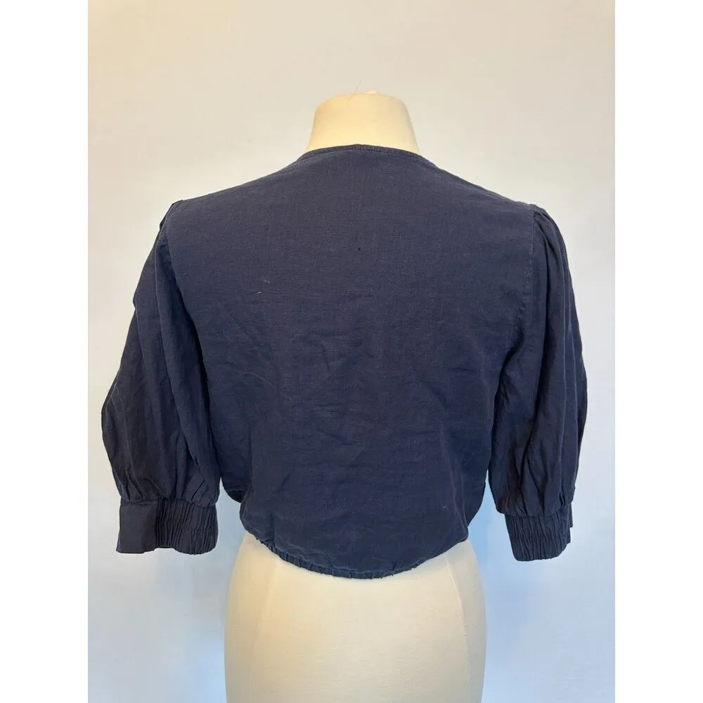 YFB Blue Linen Top Crop Knot Front Size Small - Image 3