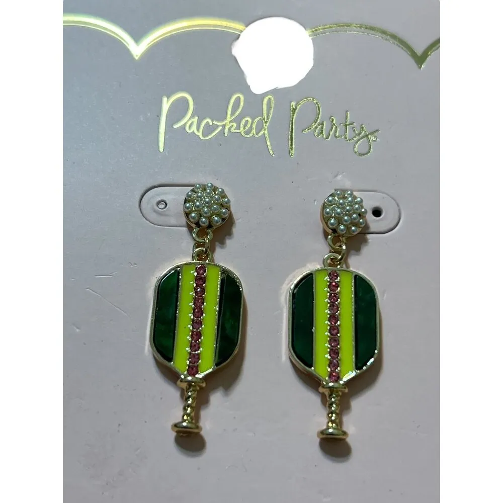 Packed Party Earrings Pickle ball Dangle Pickleball Gold Tone Enamel 1.75" New - Image 2