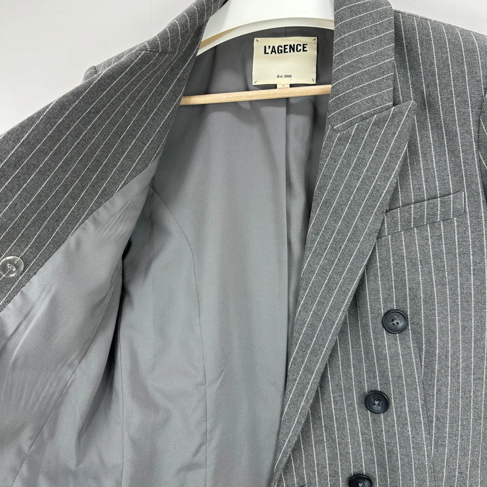 L'AGENCE Kenzie Double Breasted Blazer Jacket Pinstripe Gray Classic Preppy US 4 - Image 14