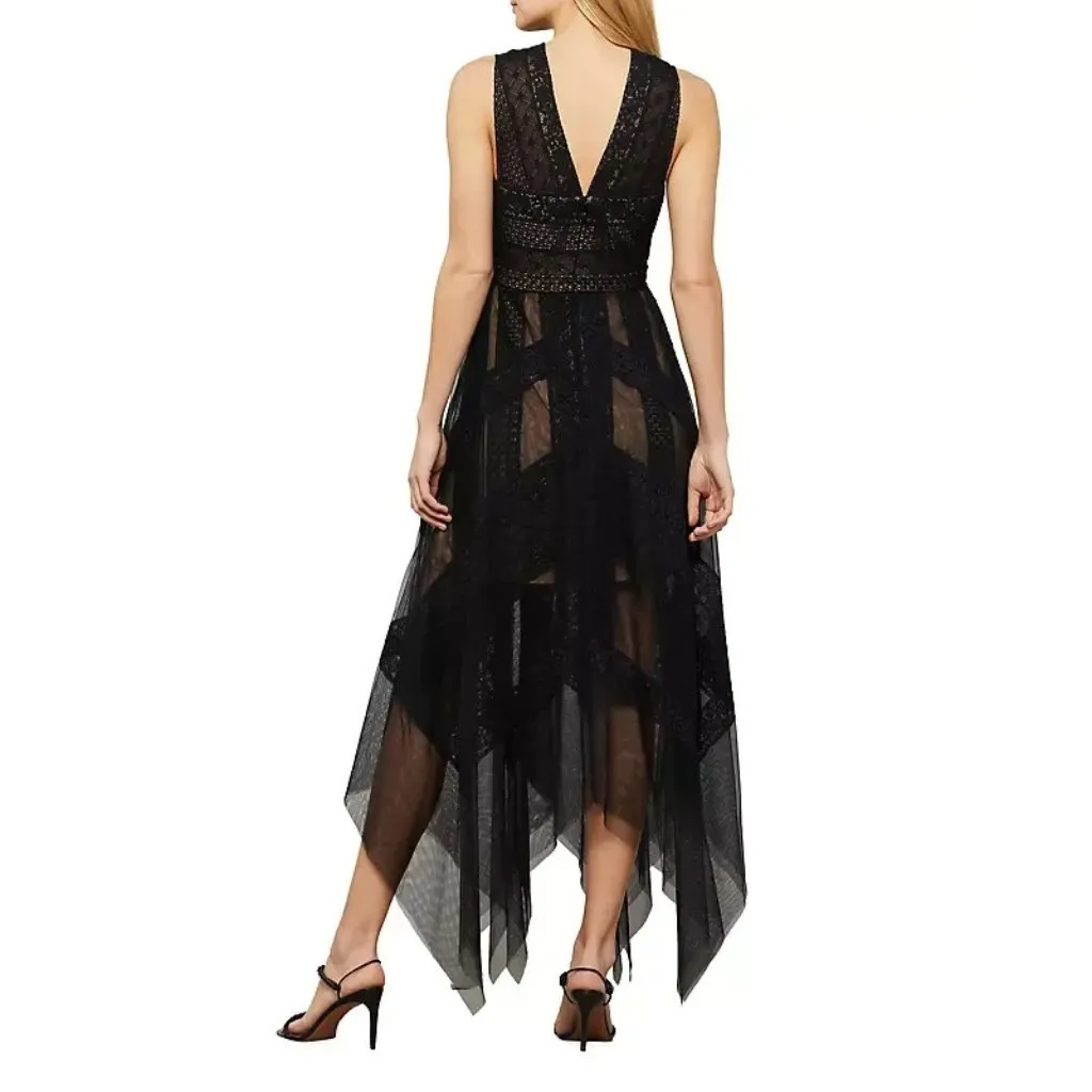NWT BCBG MaxAzria Andi in Black Nude Lace Handkerchief Hem Sheer Dress 12 - Image 6