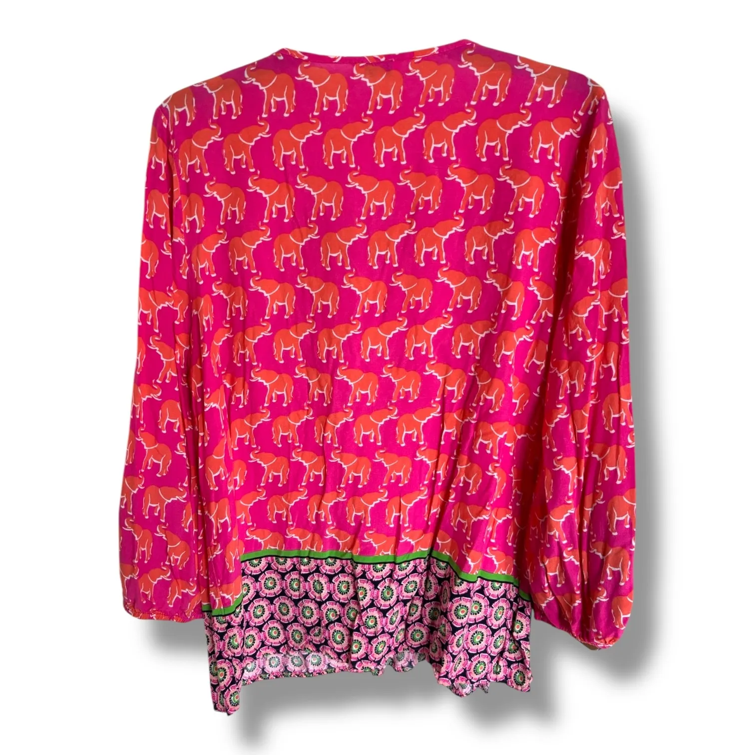 Crown & Ivy Pink Orange Green Elephant Print Top‎ Fringe Ties Preppy L - Image 3