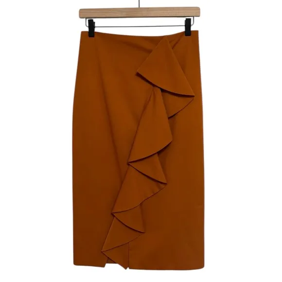 NWT Ted Baker London Ruffle Detail Pencil Skirt in Burnt Orange - Size 2 (US 6) - Image 2