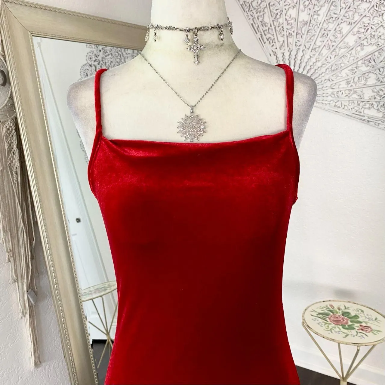 Vintage 90s Blood Red Velvet Silver Glitter Floral Embellished Maxi Prom Dress M Size M - Image 2