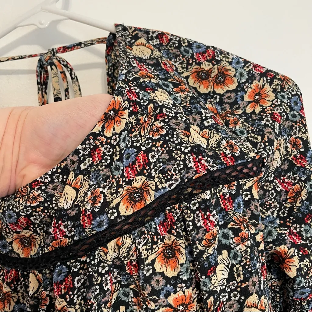 KNOX ROSE Smocked Floral Tie Back Top Black Etc Boho Long Sleeve Peasant Blouse - Image 8