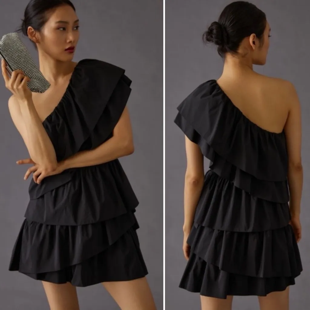 NWT ENDLESS ROSE Anthropologie Black One Shoulder Ruffle Mini Dress Sz Small 💛🎀 - Image 3