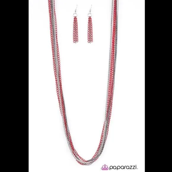 Paparazzi Colorful Calamity Red, Gunmetal and Silver Necklace Set - Image 2