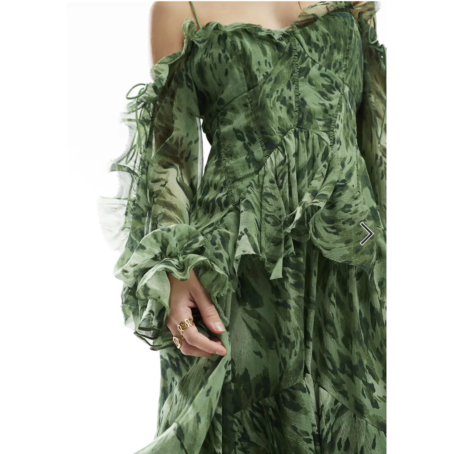 ASOS DESIGN ruffle midi dress with open sleeves and ties in green floral print - Image 9