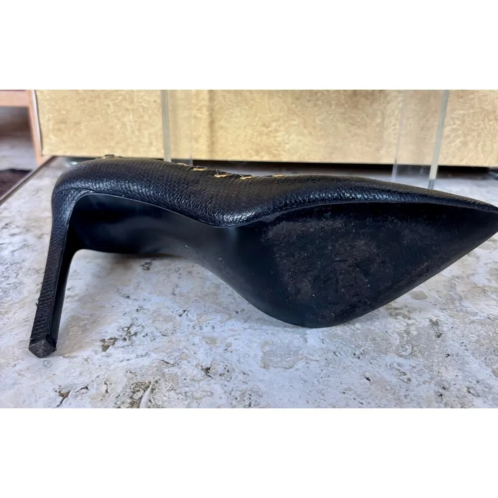 Nine West Black Leather Torres Pump Shoe Gold Metal Grommets Whipstitch 10.5 m - Image 5