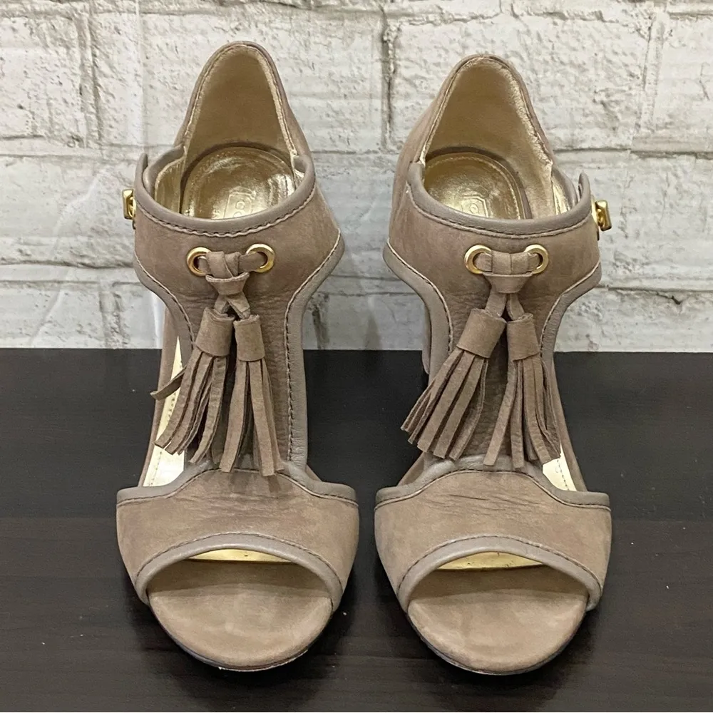COACH Tristen Grayish Beige Nubuck Leather Turnlock Ankle Strap Heeled Sandals 7 - Image 3