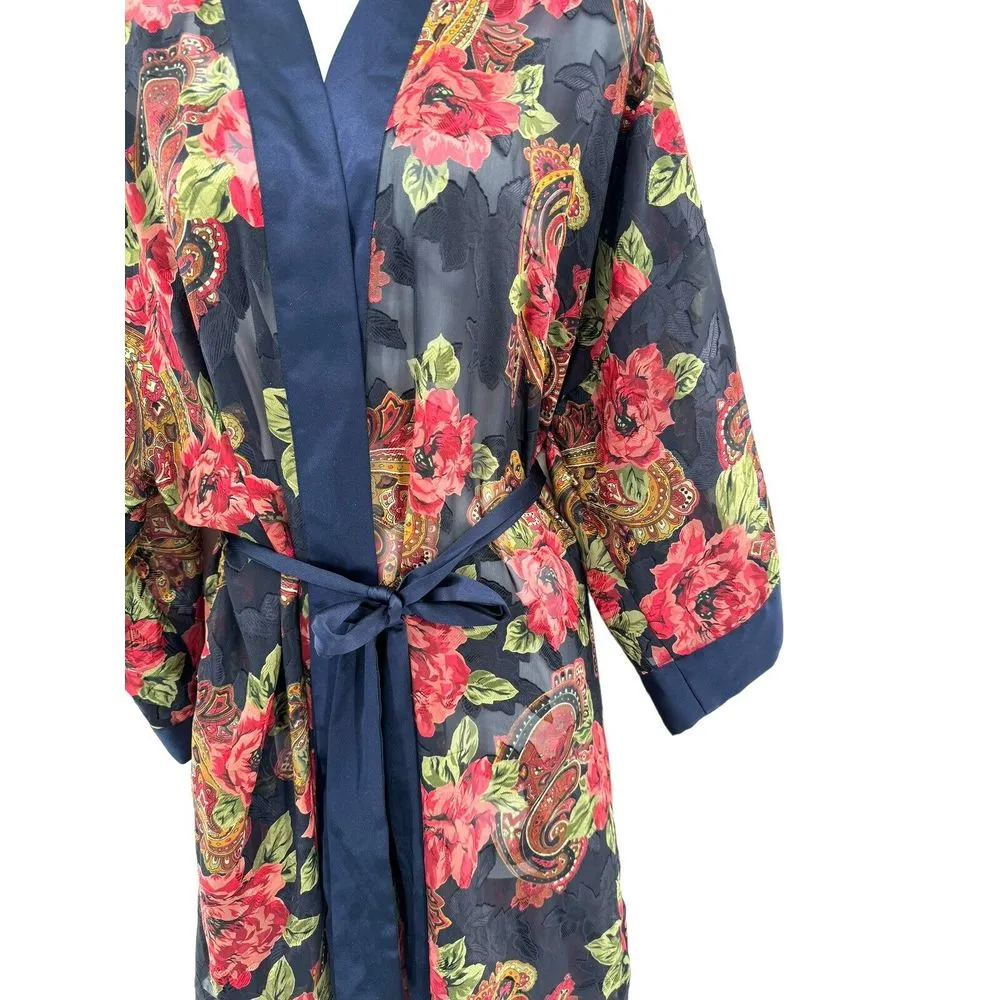 Vintage 80s VS Gold Label Poly Chiffon Floral Brocade Jacquard‎ Kimono Robe - Image 2