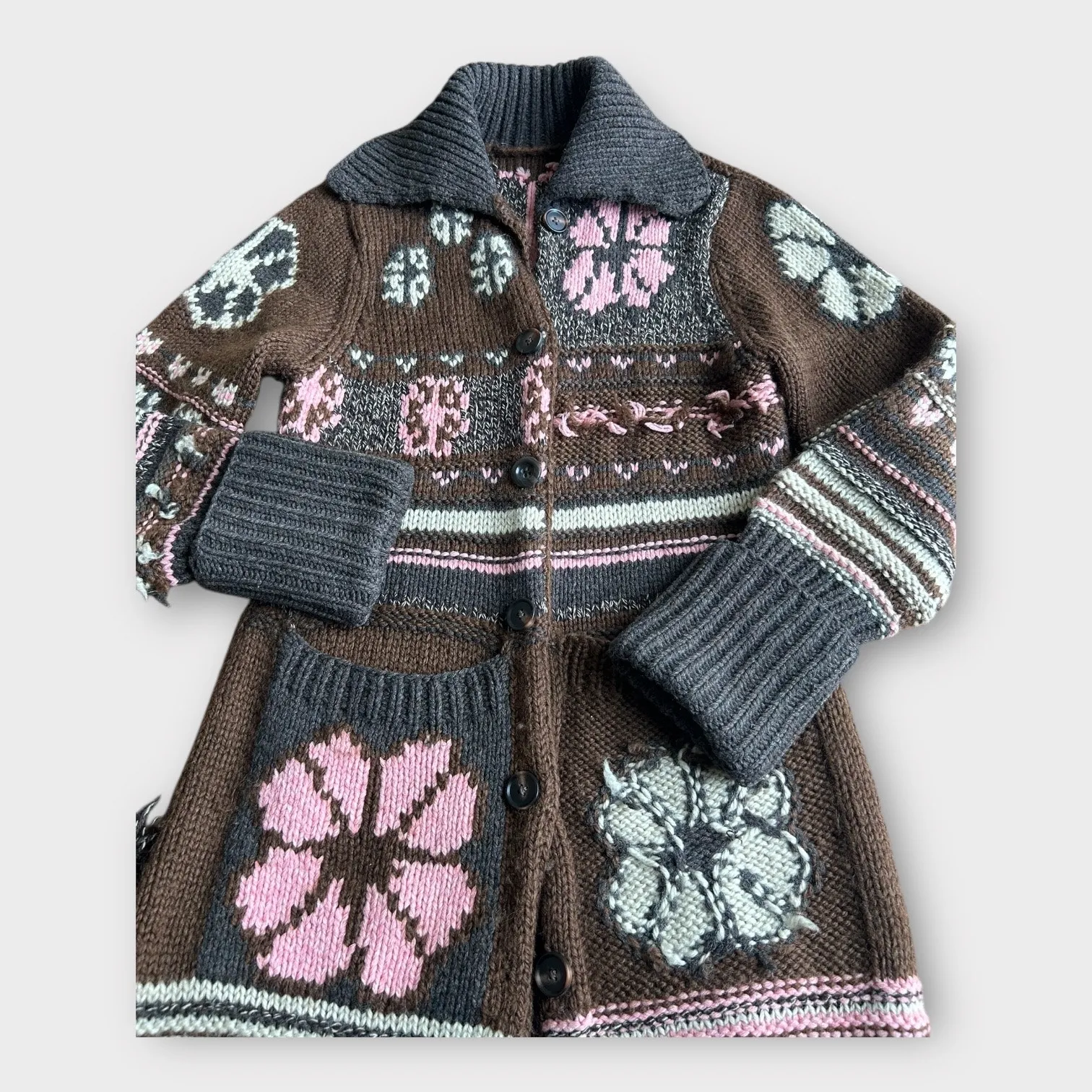 Vintage Y2K Lucky Maxi Chunky Knit Wool Sweater Coat w/ Fringe – Brown S/M Boho - Image 3