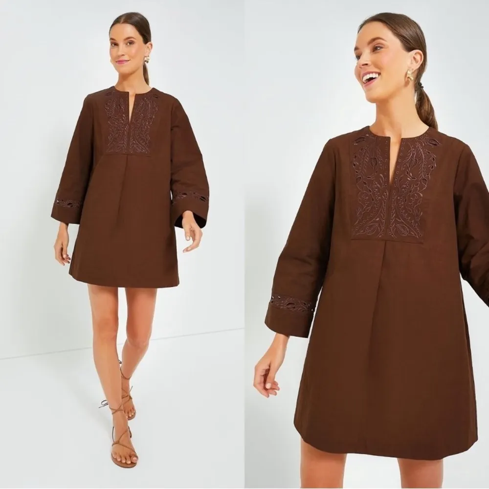 Tuckernuck Tahlia Embroidered Mini Dress XXS Brown Kimono Sleeve NWT Boho Chic - Image 2