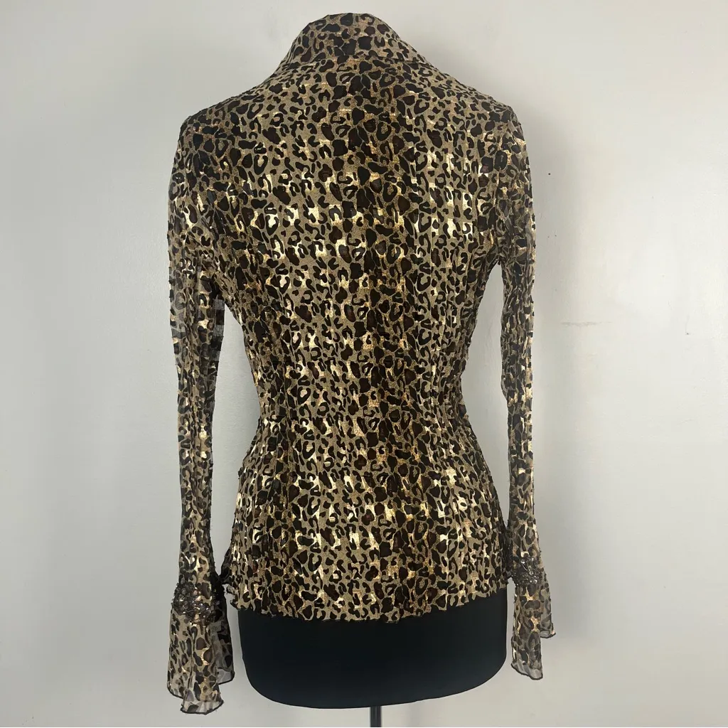 Vintage Y2K Mary L Couture animal print beaded button down ruffle top size small Brown - Image 4