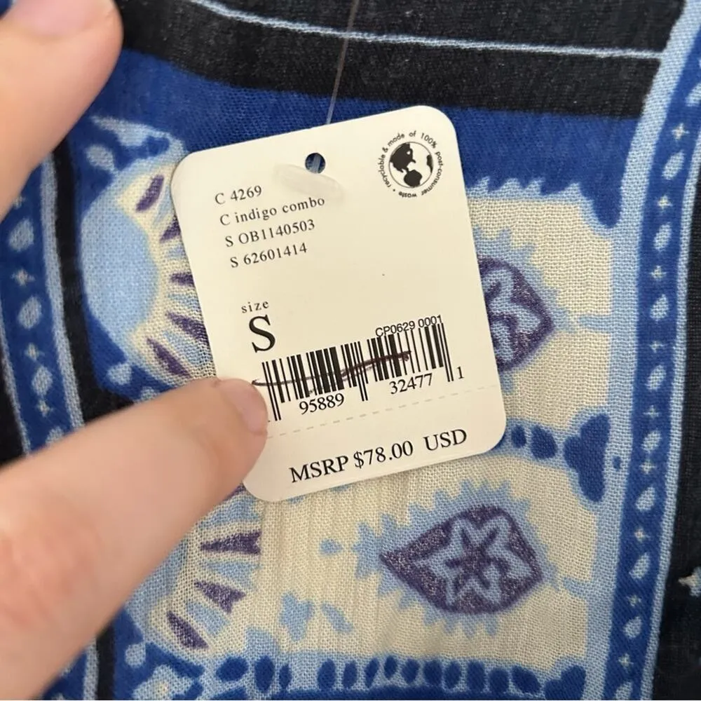 NWT Free People Rosalie Blue & White Mosaic Peplum Flutter Sleeve Top - Image 5