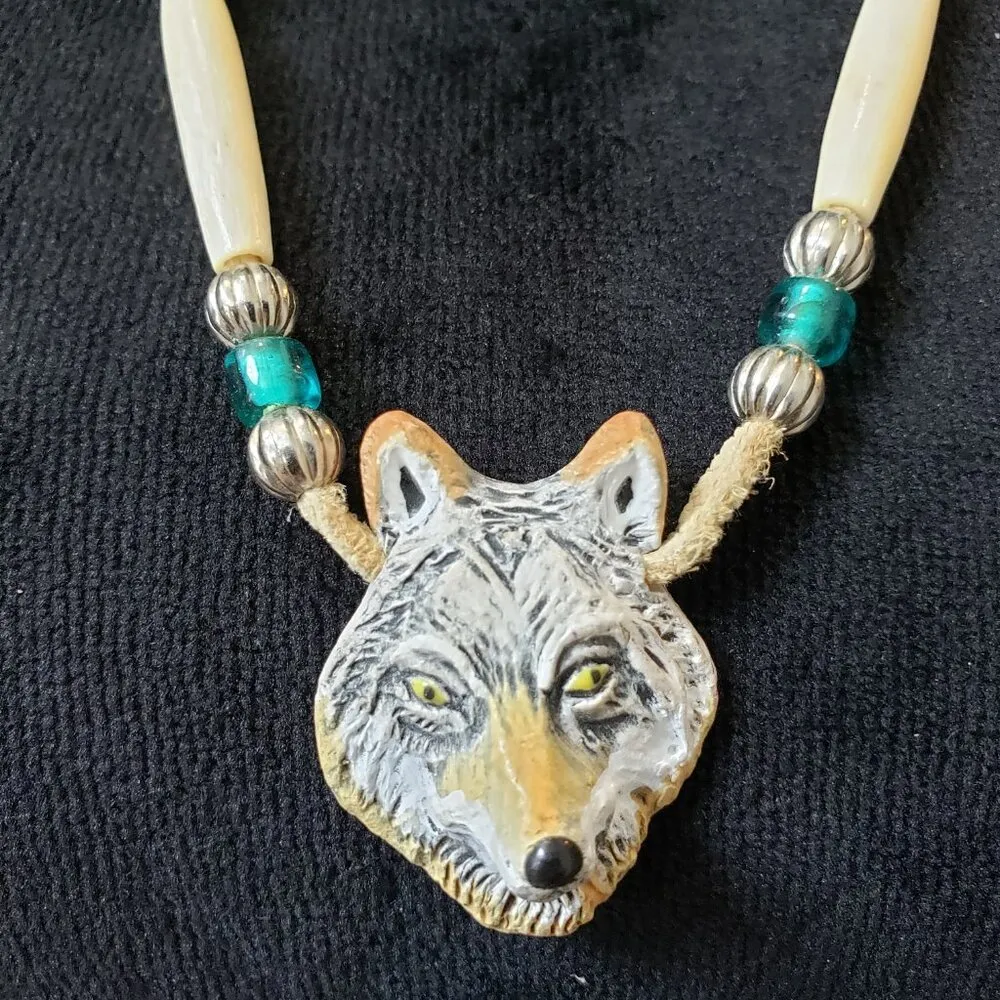 Womens Fashion Multicolor Wolf Face Pendant Crystal Beaded Necklace Jewelry Blue - Image 3