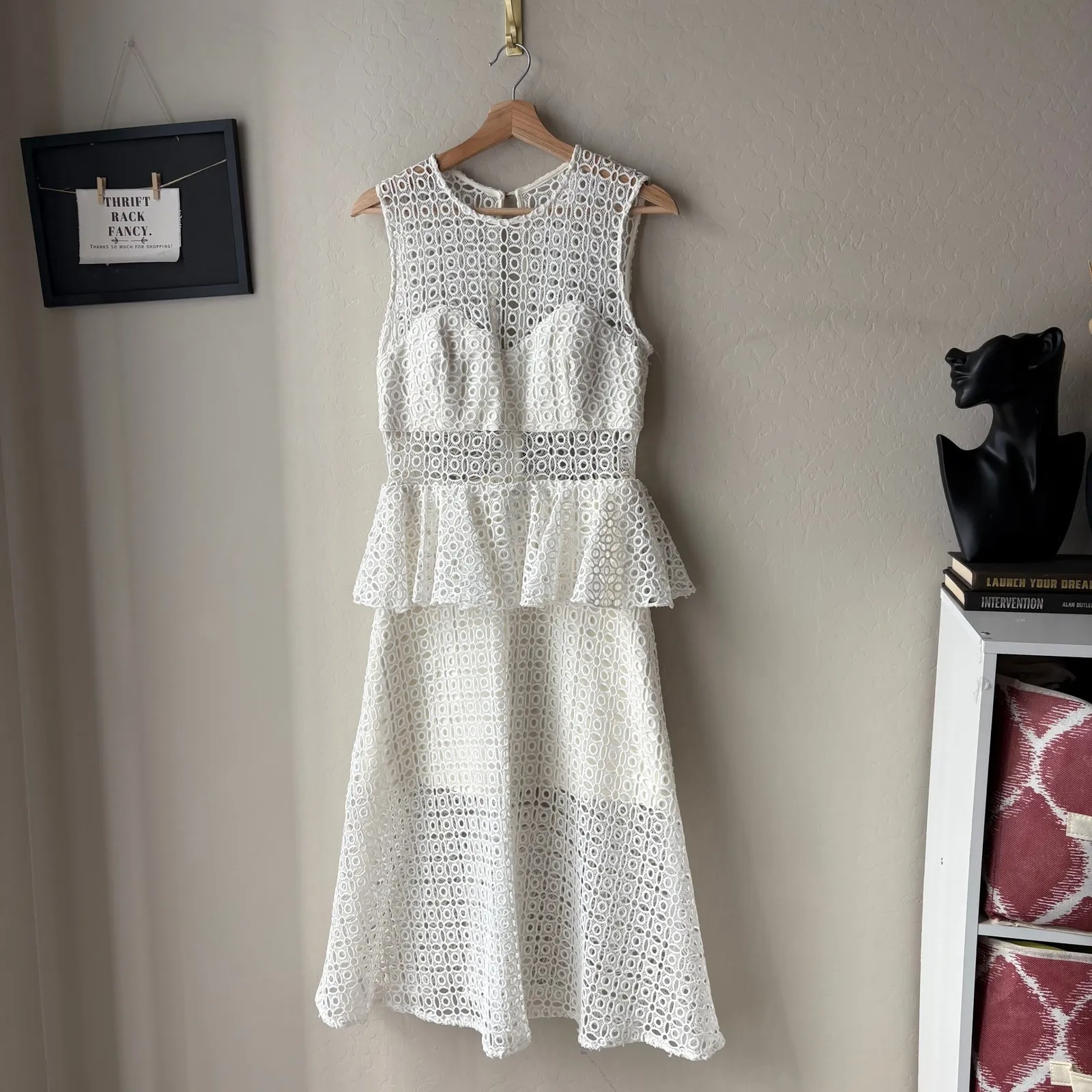 Self Portrait Dress White Lace Peplum Sleeveless Sheath Midi Dress US 10 - Image 2