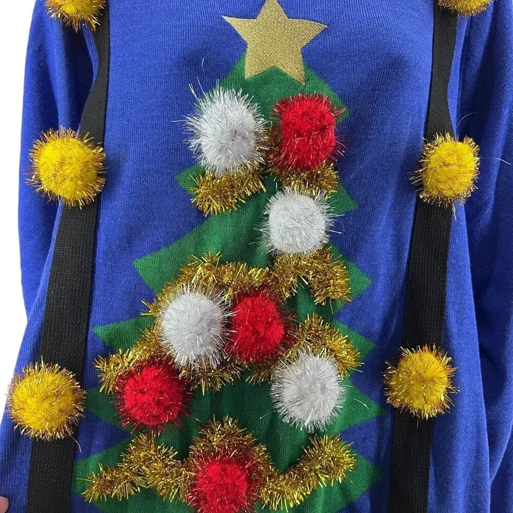 Tipsy Elves Ugly Christmas Tree Pom Sweater with Suspenders Womens Xlarge - Image 4