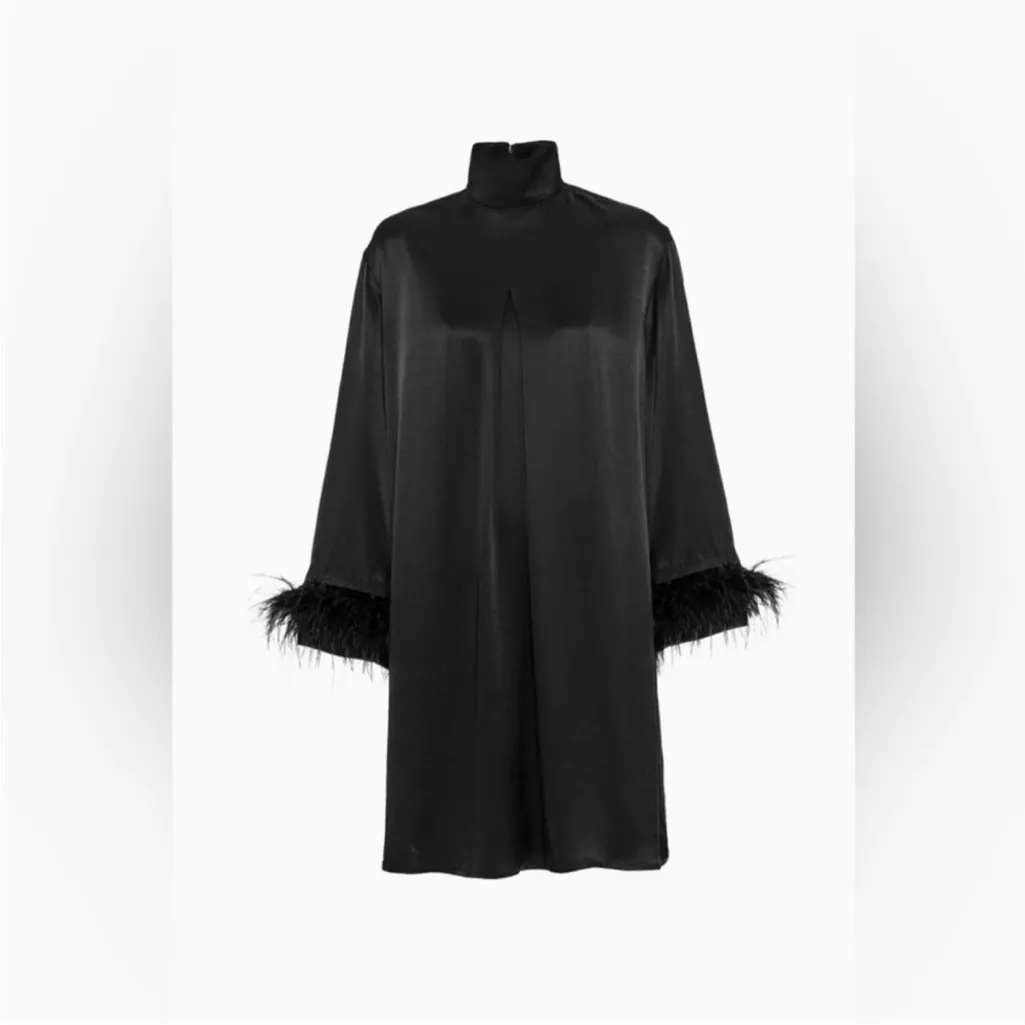 NEW Sleeper Black Satin Ostrich Feather Cuff Trim Dress, Size XS, MSRP $398 - Image 4