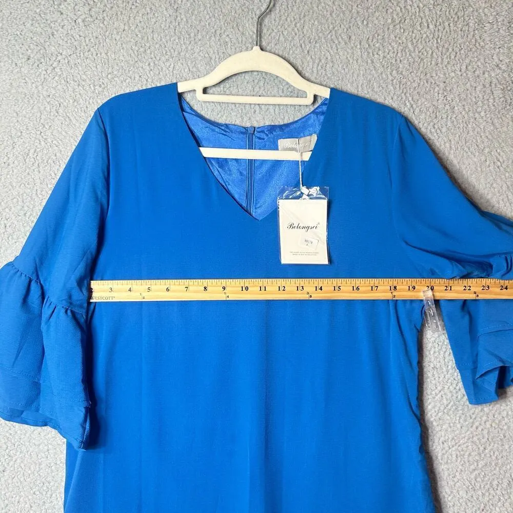Belongsci Dress Womens L Blue V‎ Neck Bell Sleeve Shift Mini Career Event NEW Size L - Image 6