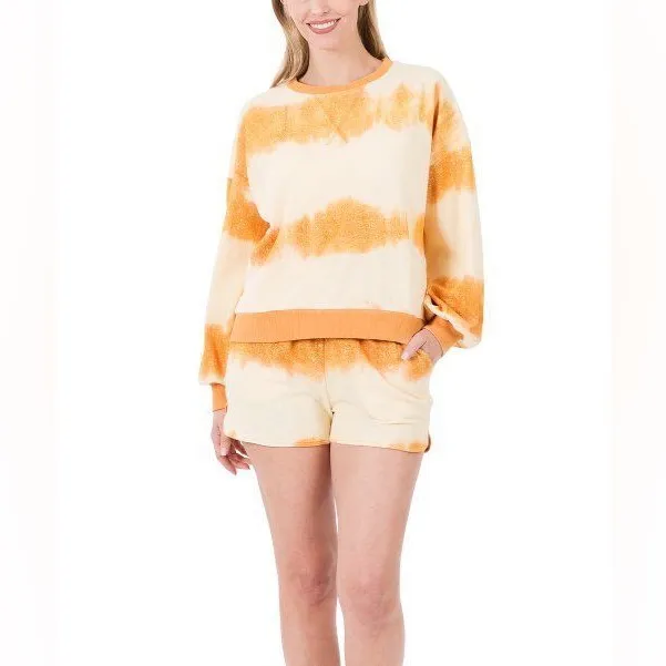 $55 Zenana Golden Mustard Tie-Dye Drop Shoulder Top &Dolphin Shorts Gold XL NWOT - Image 3