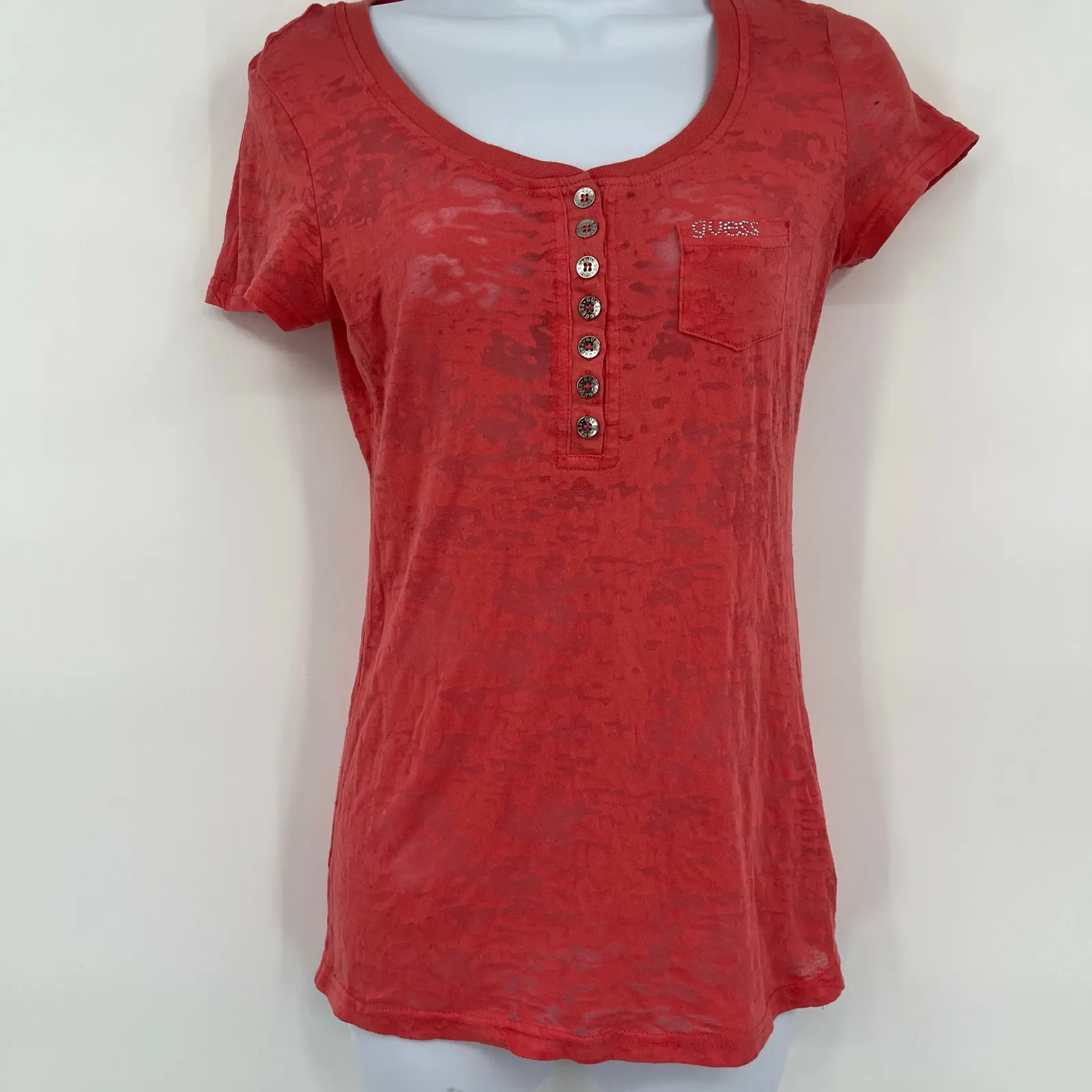 Guess Y2K Burnout Henley Womens Top Sz S Coral Sheer Coquette Grunge Bling Logo - Image 12