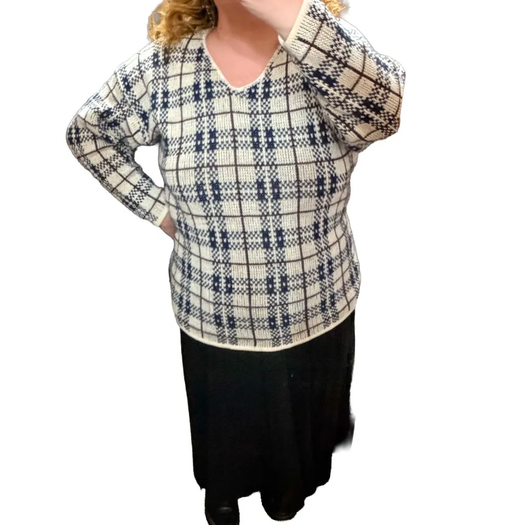 Vintage Huntington Ridge Geometric Sweater XL Navy Cream Burgundy Knit 80s White - Image 7