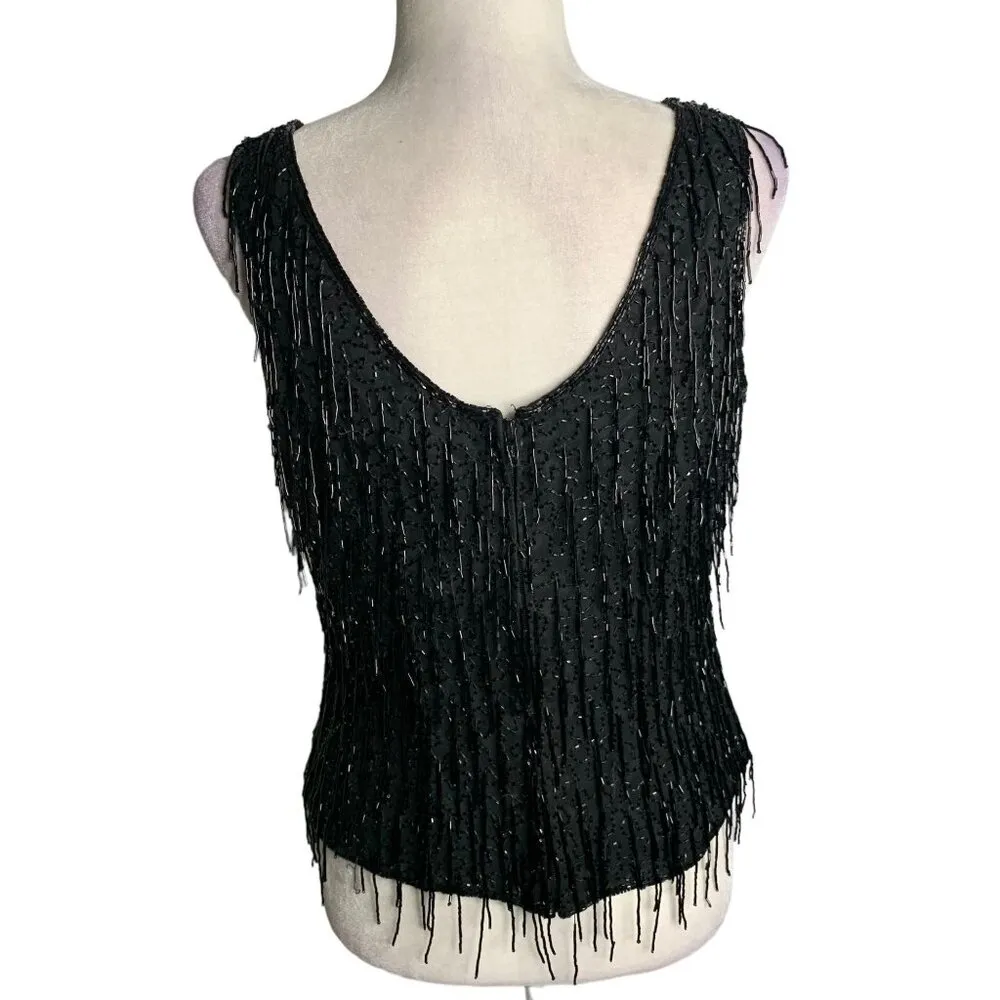 Vintage 90s Silk Beaded Tank Top L Black Lined Full Zip Back Evening Flapper Size L - Image 4