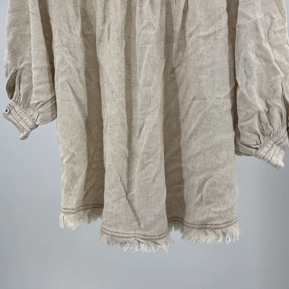 Umgee Natural Linen blend Blouse raw hem S oversized short balloon sleeve casual - Image 4