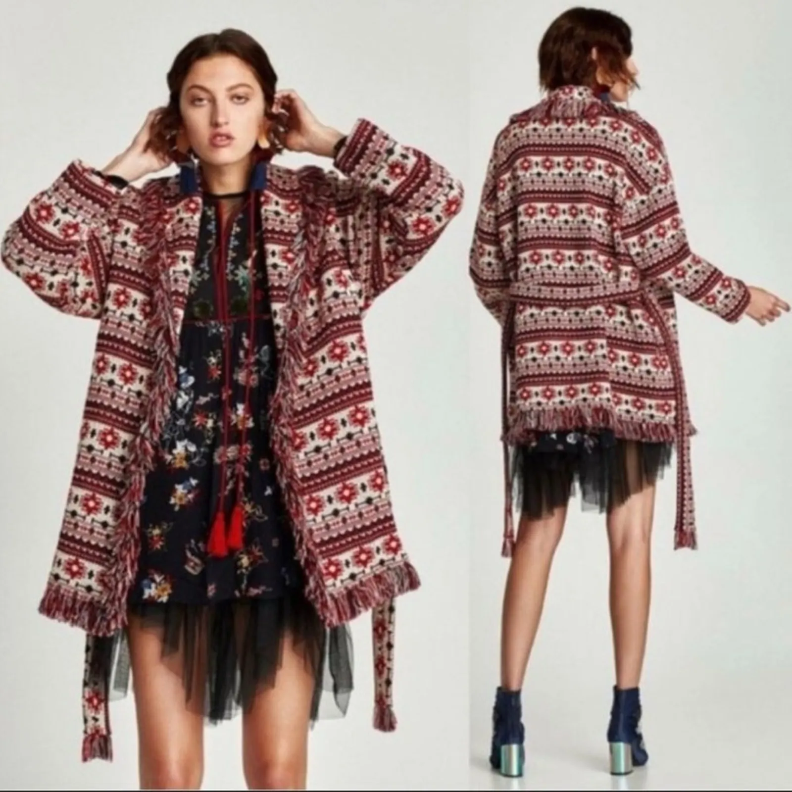 NWOT Zara Woman Red Belted Fringed Tibetan Sherpa Jacket - Image 2