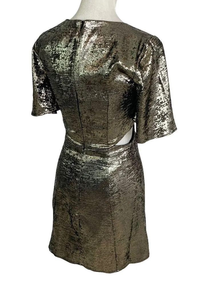 French Connection Alara Metallic Flutter Sleeve Cutout Minidress Gold Size 2 NWT - Image 5