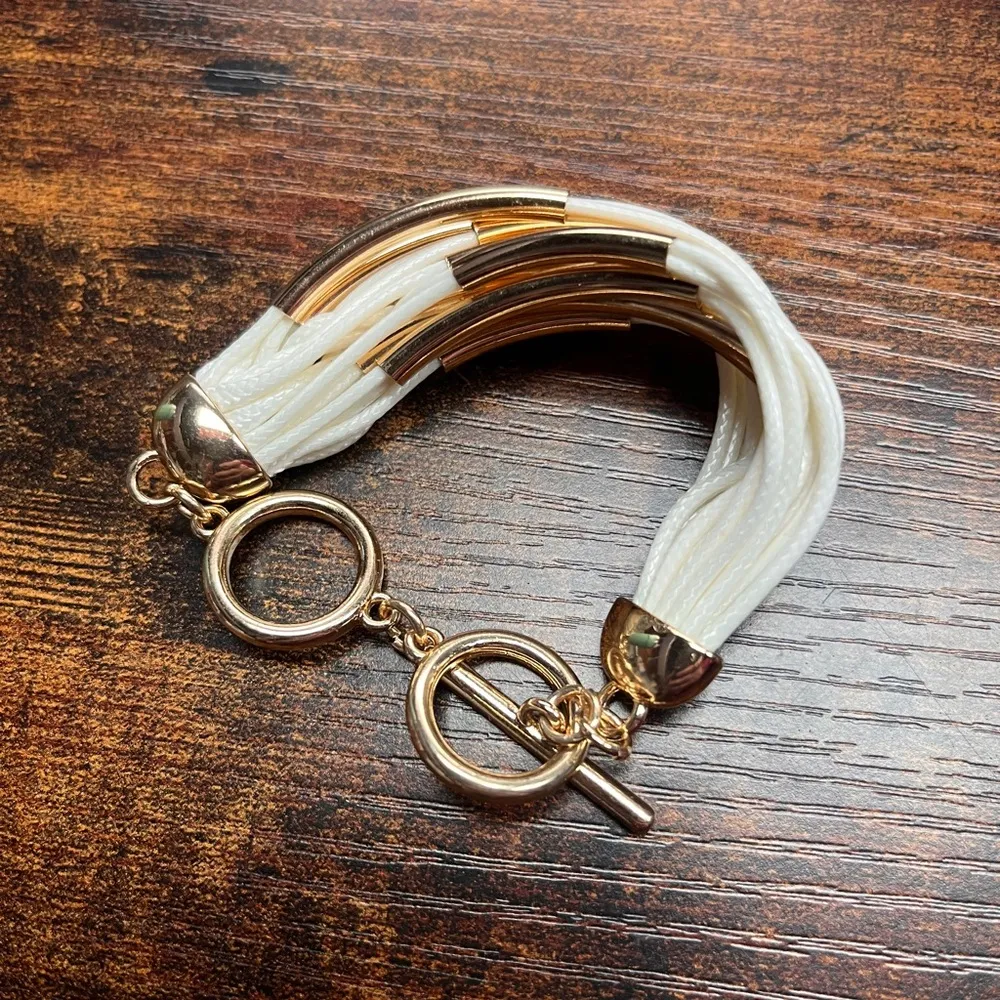 Beige Leather Bracelet w/ Gold & Silver - Image 4