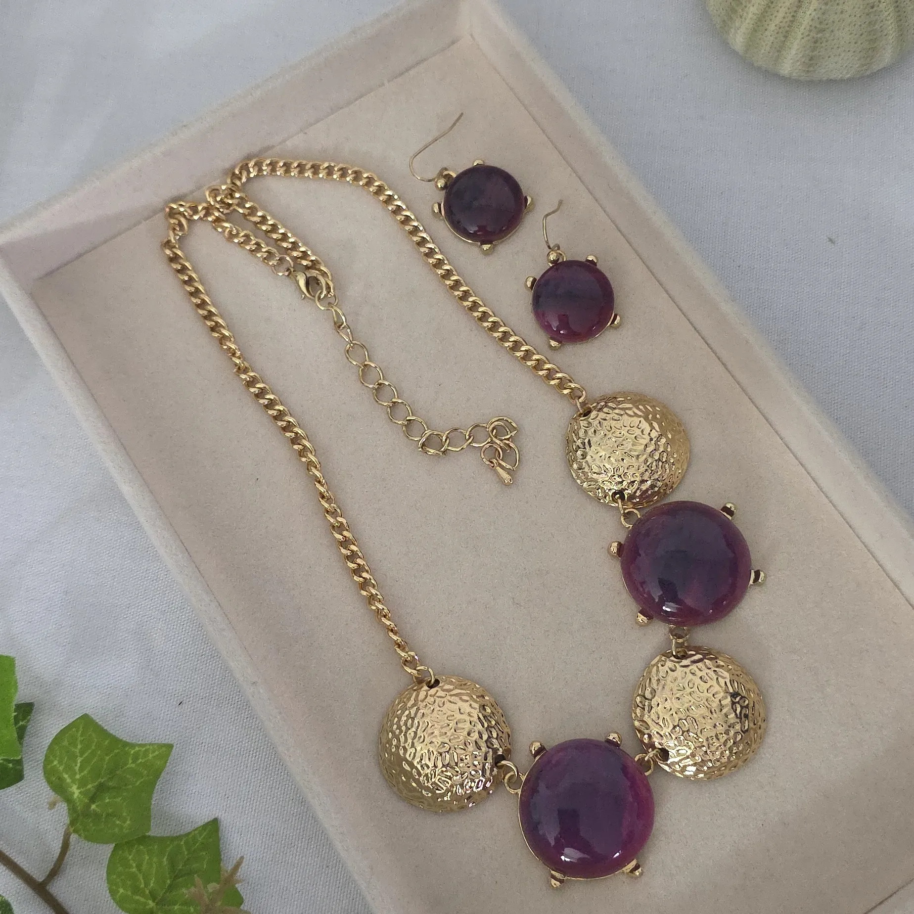 Gold Chain with Purple Neckkace and Earrings Set - Image 2