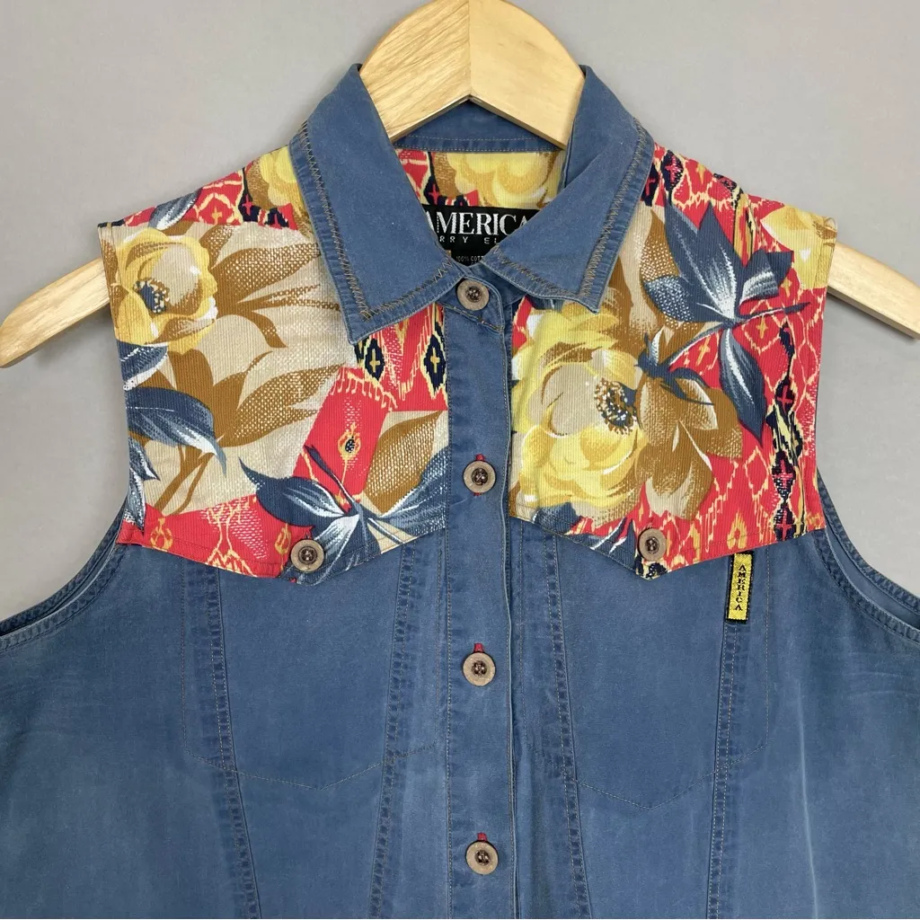 Vintage Western‎ Top Sleeveless Women Blue Country Size Medium Button - Image 3