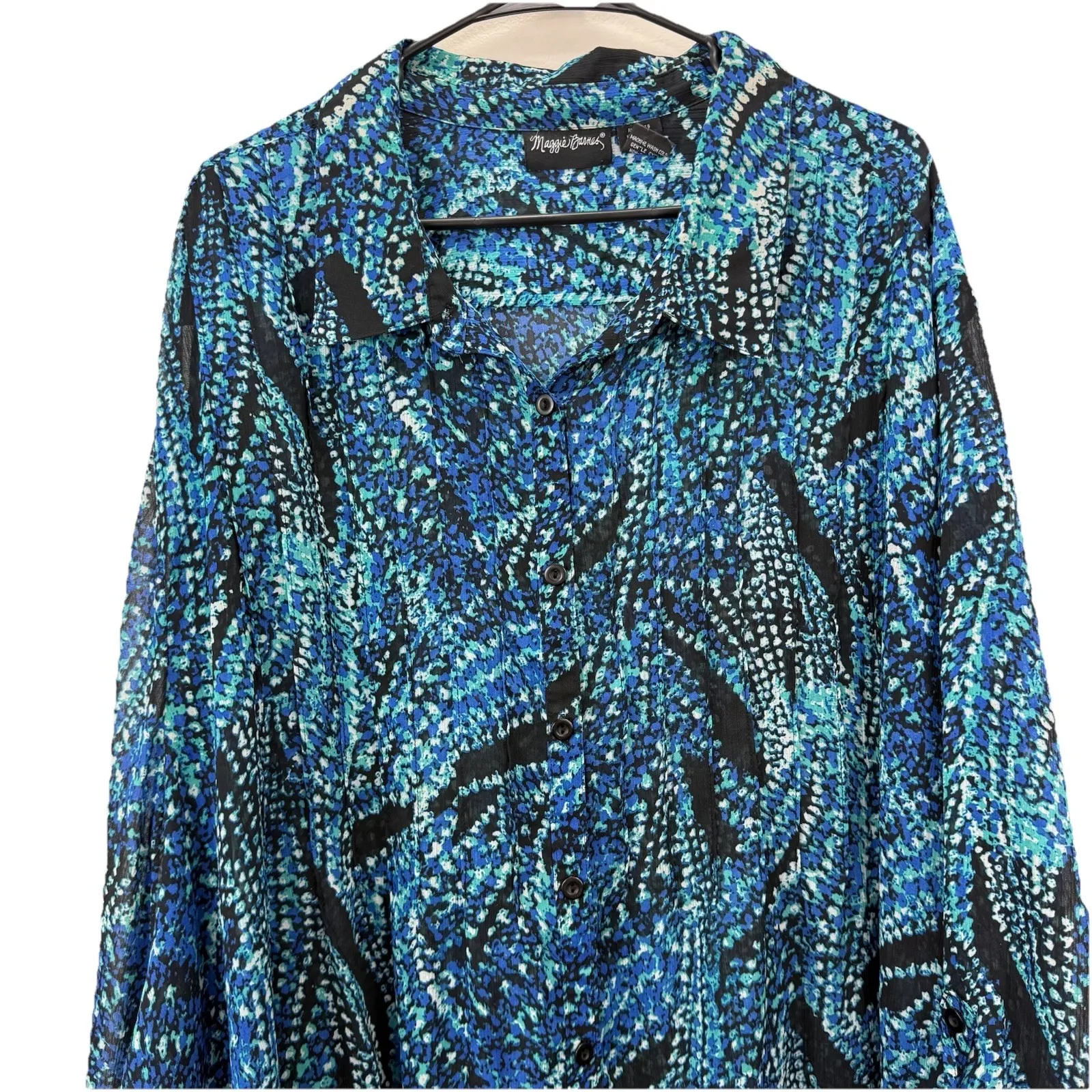 Maggie‎ Barnes Blue Colorful Pleated Semi Sheer 3/4 Sleeve Button Up Blouse  5X - Image 3