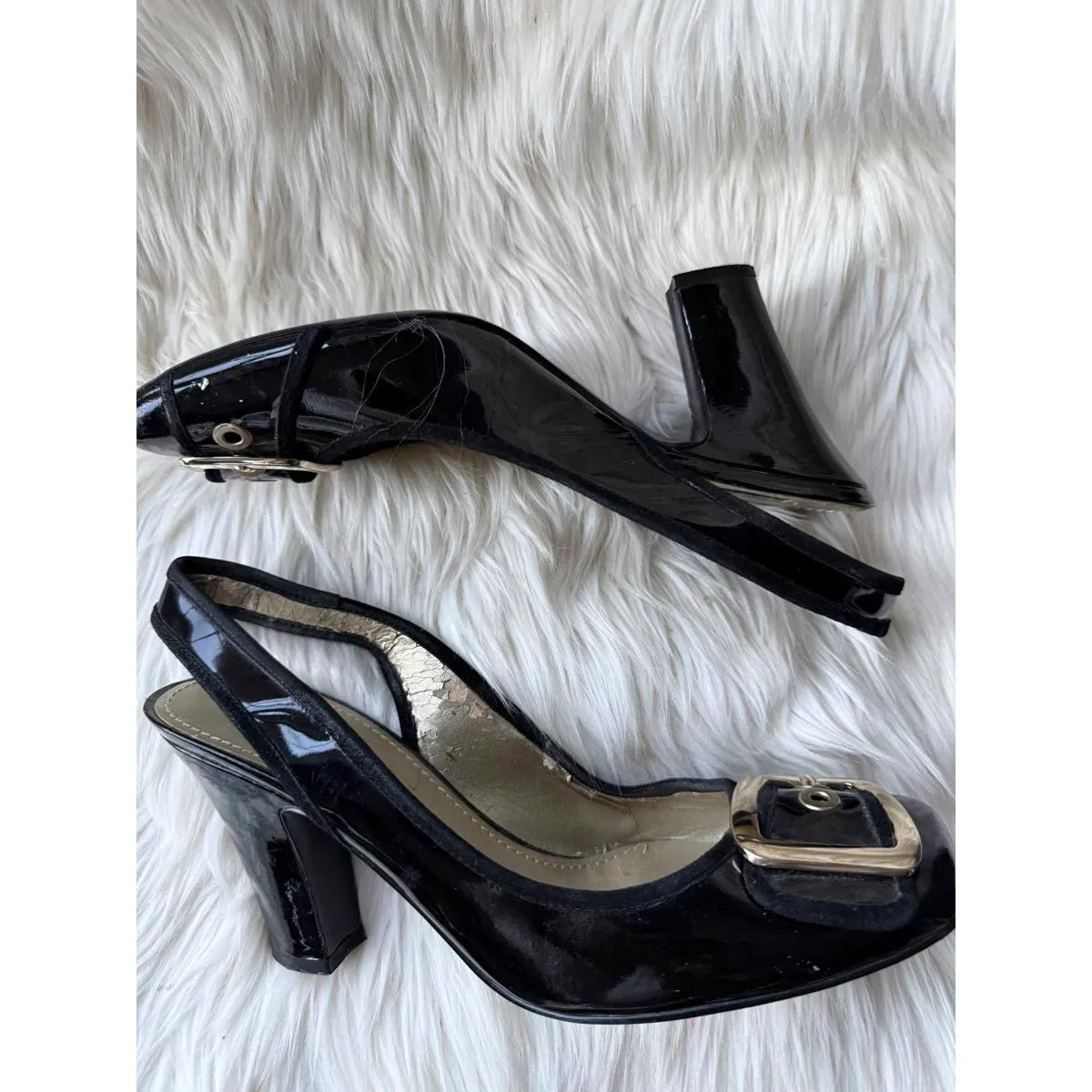 Nine West Black Patent Leather Slingback Heels with Gold Buckle - Image 3
