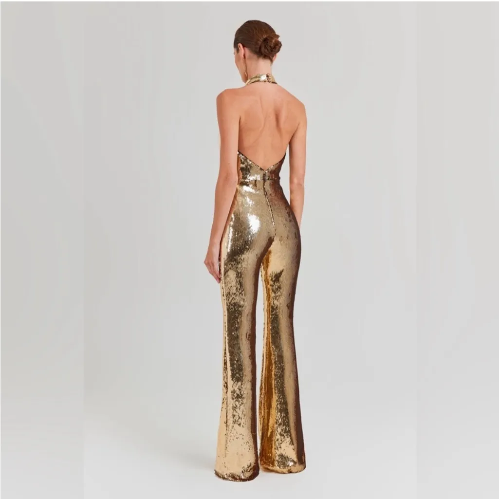 Nadine Merabi Tianna Gold Jumpsuit Size 8 - Image 3