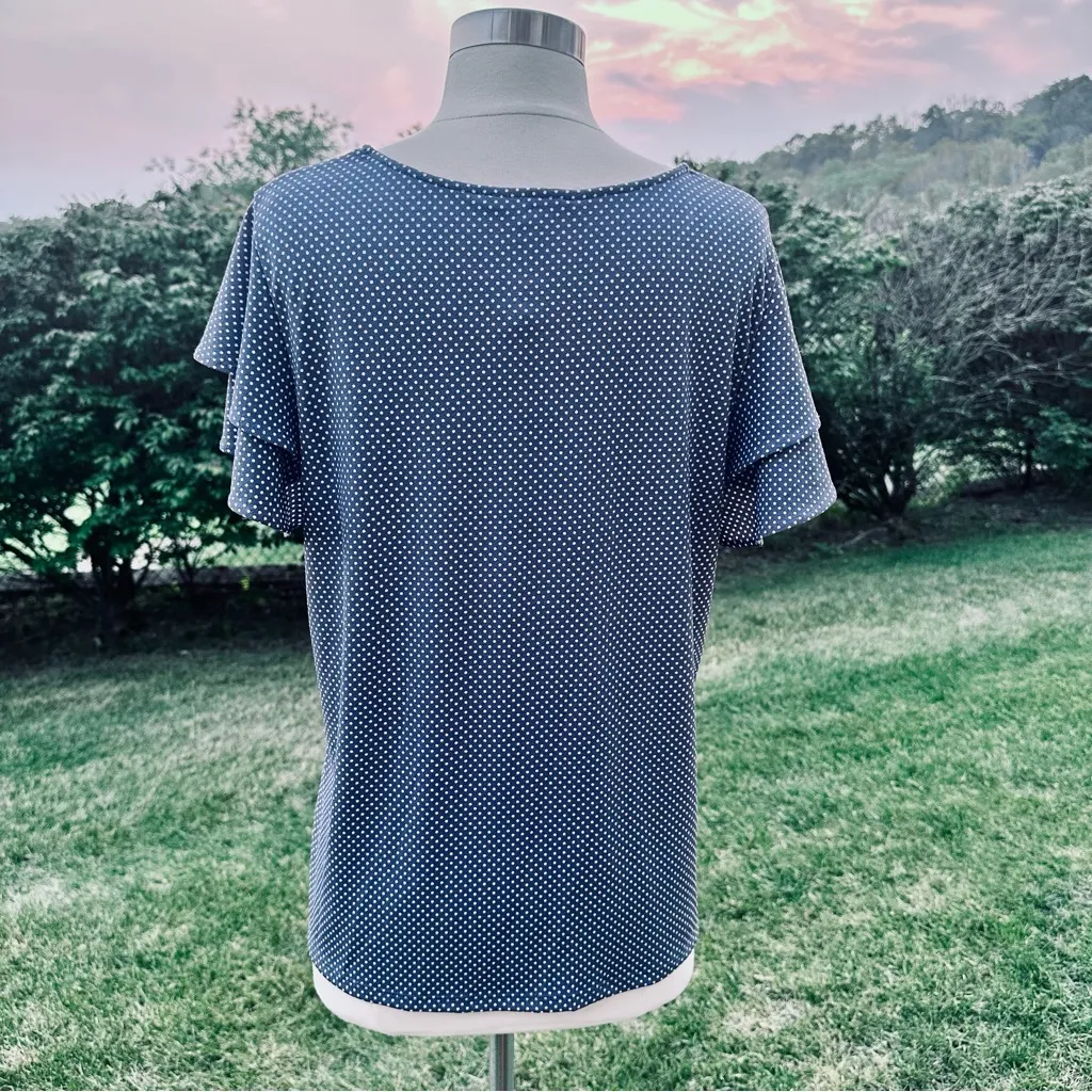 Adrianna Papell Blue & White Polka Dot 
Ruffle Short sleeve Blouse Size L - Image 12