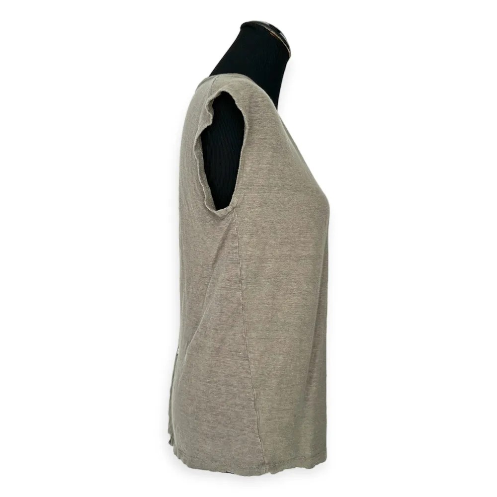 TAHARI | Large | 100% Linen Sage Round Neck Cap Sleeve Back Button Tee T-Shirt - Image 4