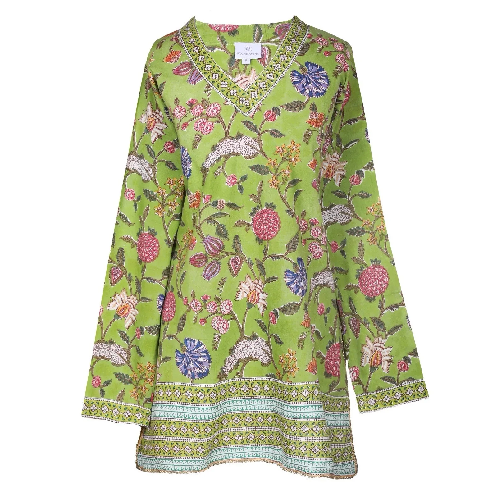 PAX PHILOMENA ALEX KEY LIME GREEN TUNIC BEADED EMBELLISHED FLORAL COTTON Sz M Size M - Image 5