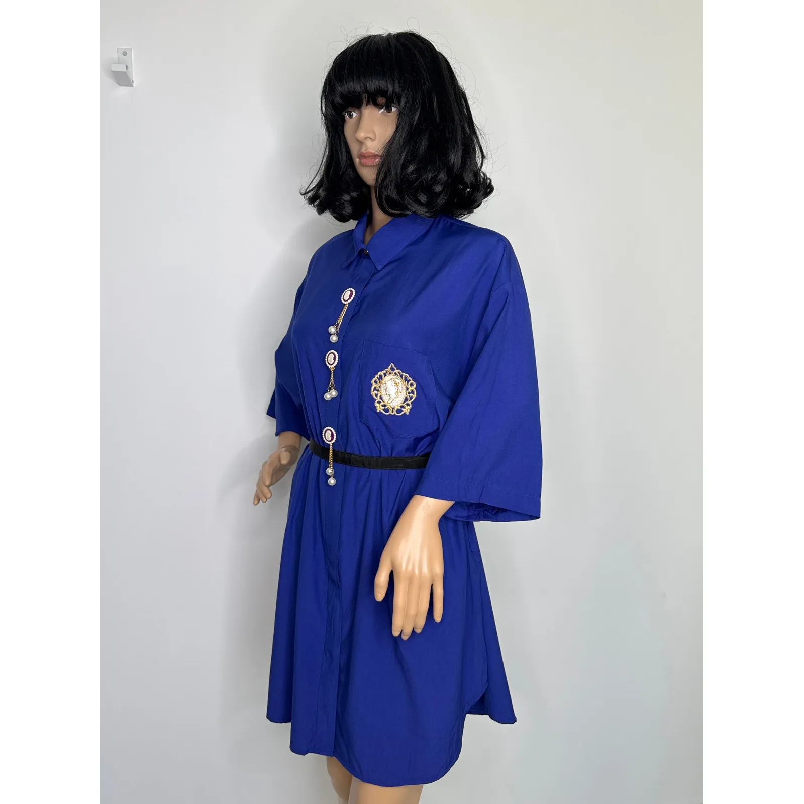 Vintage Gina Royal Blue Cameo Blouse / dress Pearl & Gold Chain Accents Medium - Image 4