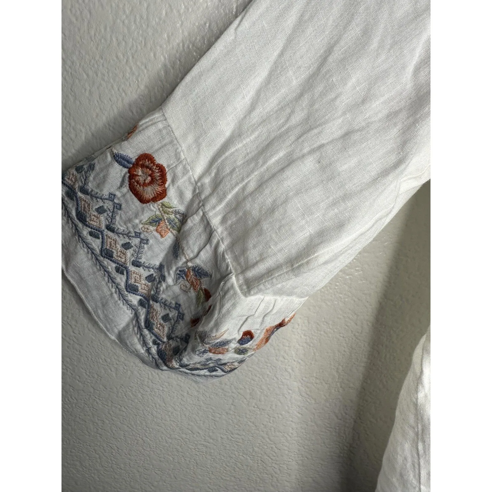 Karyn Seo Blouse Womens Large White Embroidered Linen Boho Peasant Tunic - Image 3