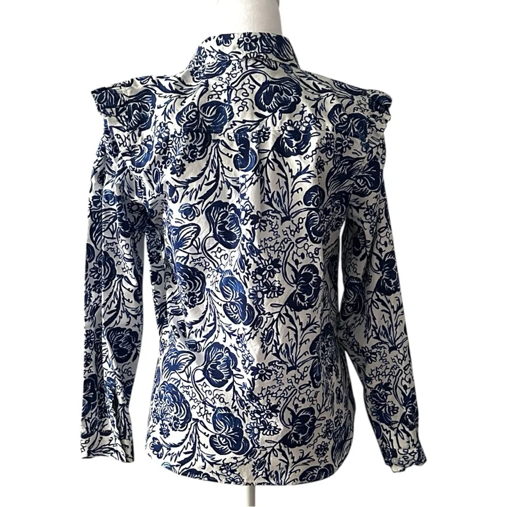Charter Club Top Floral Long Sleeve Button-Up Ruffled Collar Blue White PM - Image 2