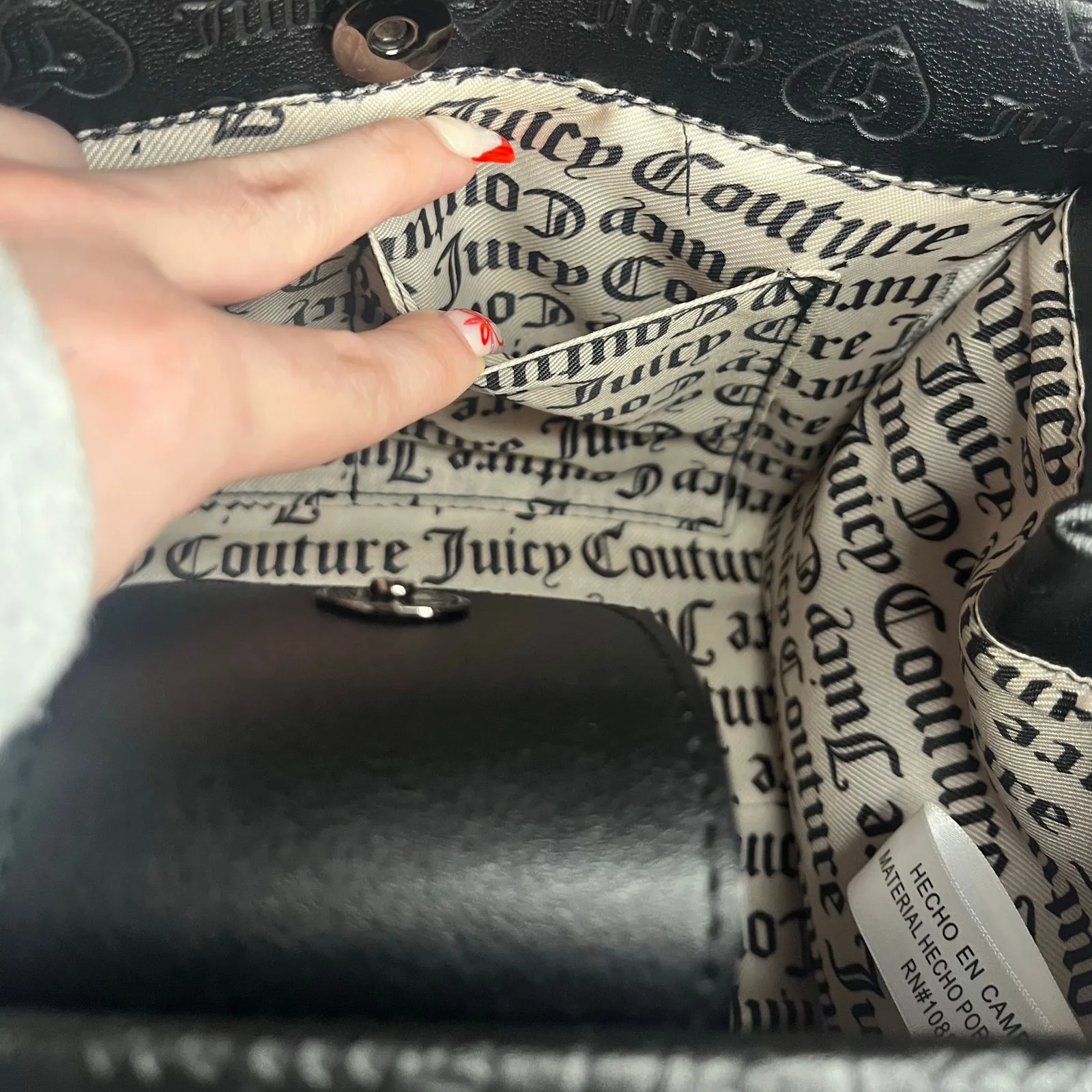 Juicy Couture Black Embossed Logo Satchel Crossbody Heart Charm Bag Purse - Image 9