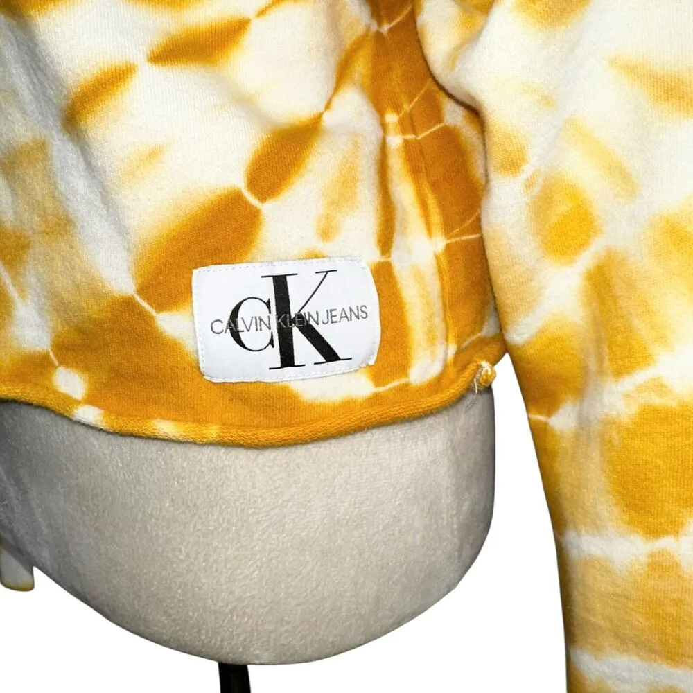 Calvin Klein Yellow White Tie Dye Women's Cropped Hoodie Small Hippie Festival - Image 4