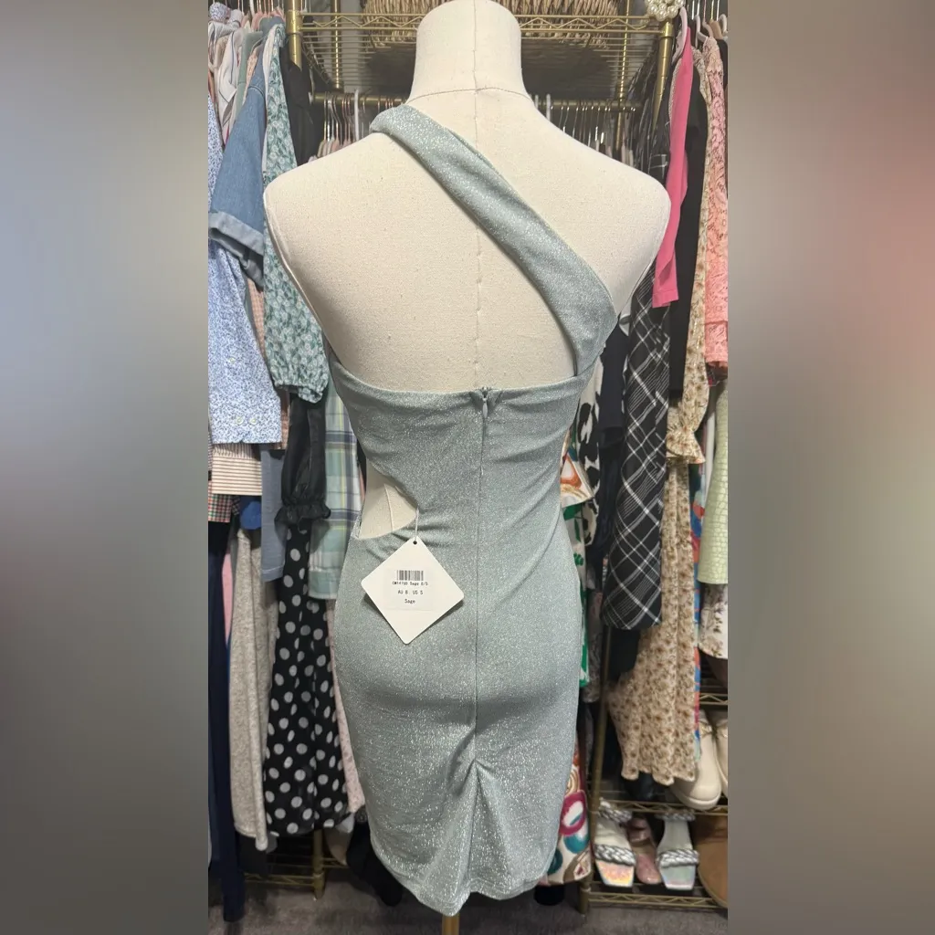 Angel Biba Sage Green Glitter One Shoulder Spaghetti Strap Bodycon Mini Dress - Image 3