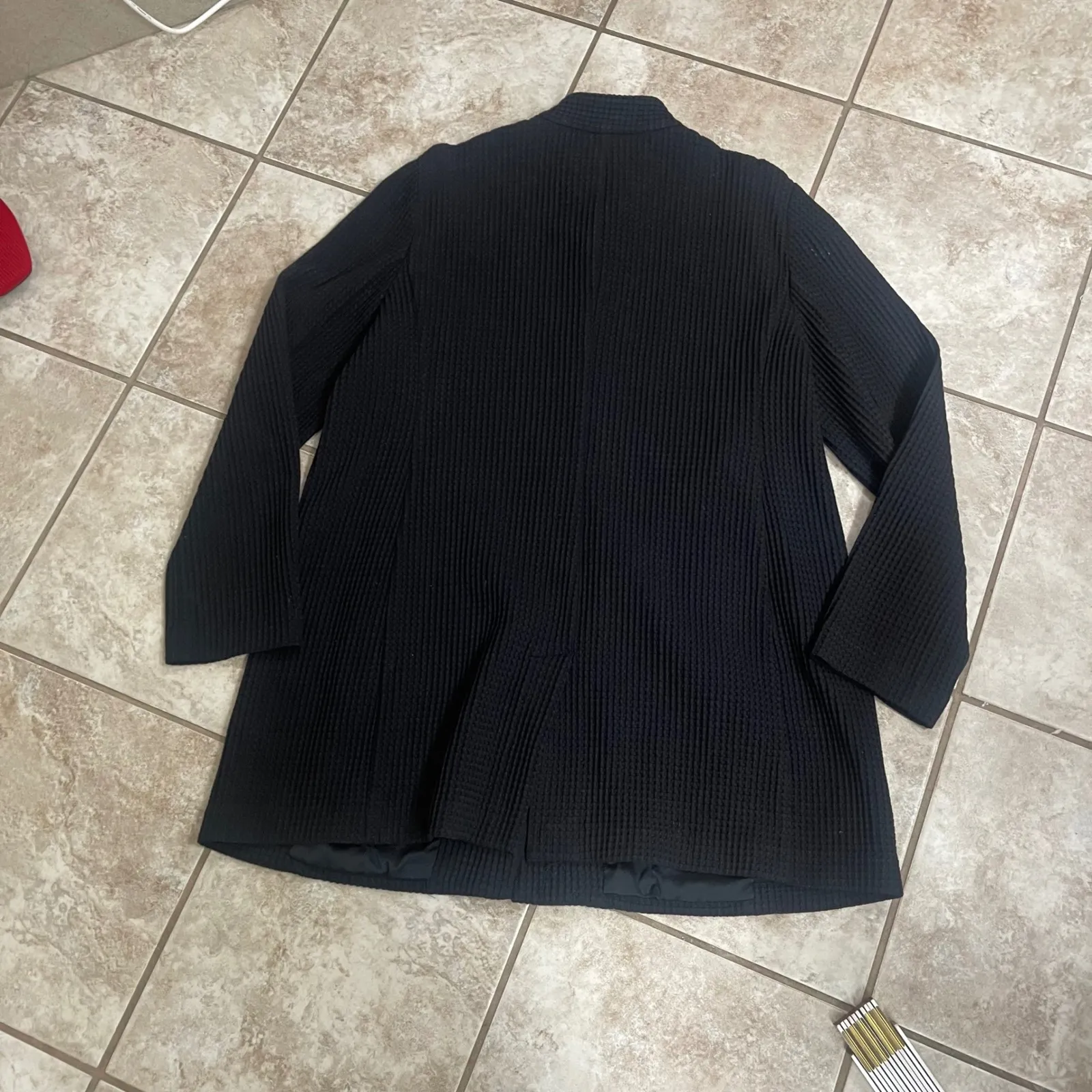 EILEEN FISHER Black Textured Knit waffle Collar longSleeve Cardigan Jacket Large - Image 2