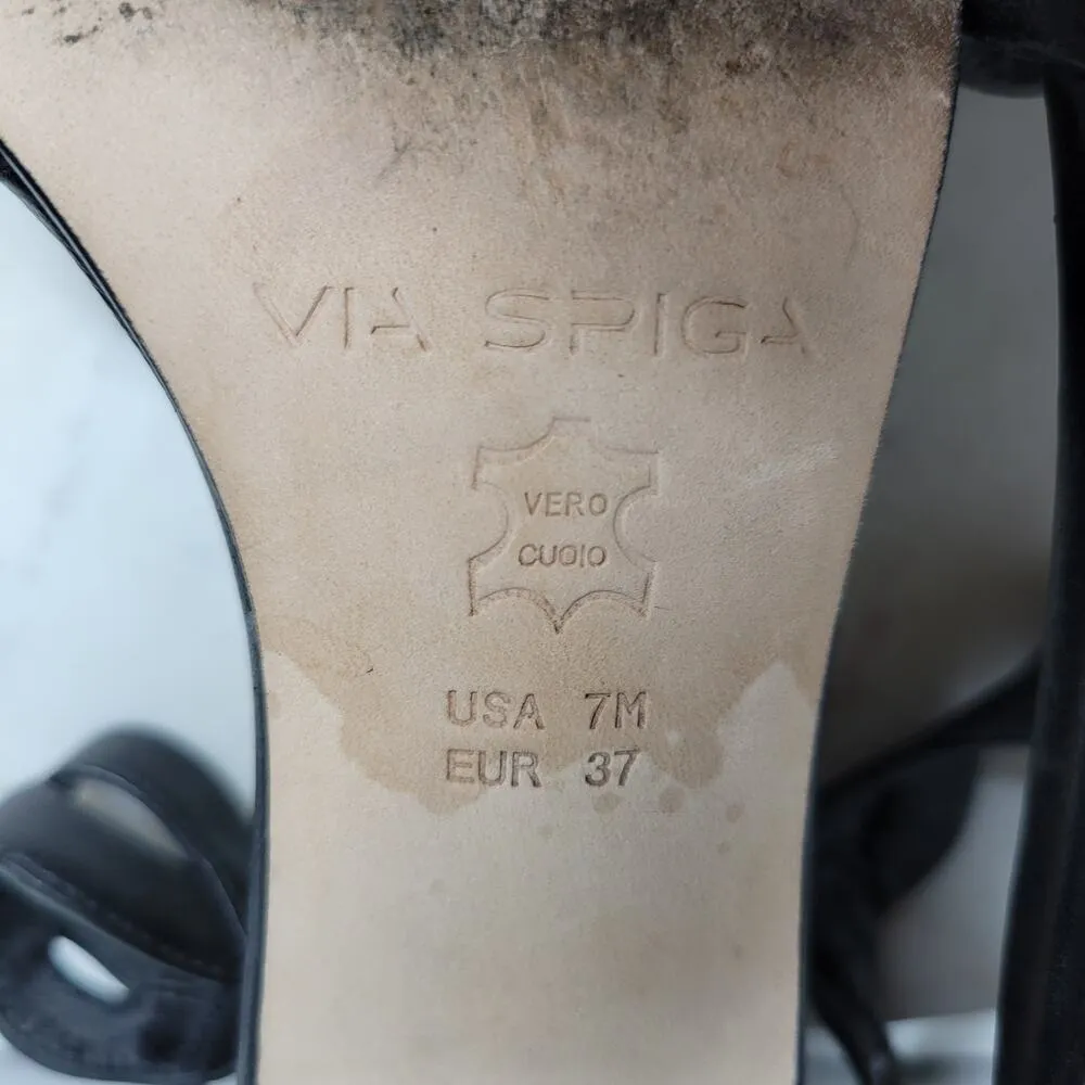 VTG Via Spiga Janel Heels Womens 7 Black Leather Chunky Twisted Strap Block Heel - Image 10