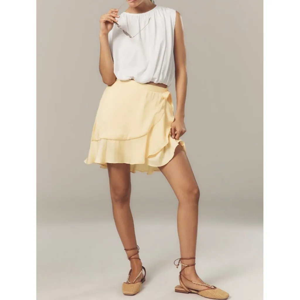 Maeve Anthropologie Yellow Ruffle Wrap Mini Skirt Size XL Polyester & Viscose - Image 3