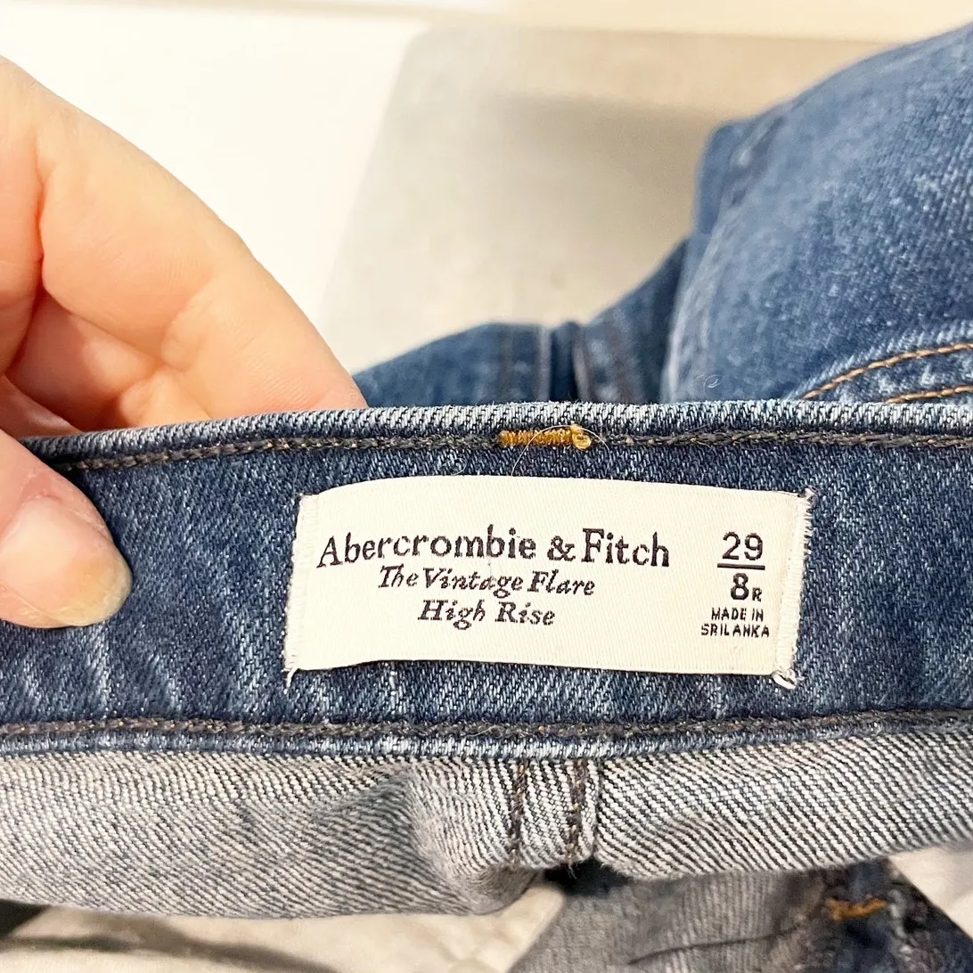 Abercrombie High Rise Vintage Flare Jeans Raw Hem Dark Wash Blue 8 - Image 3